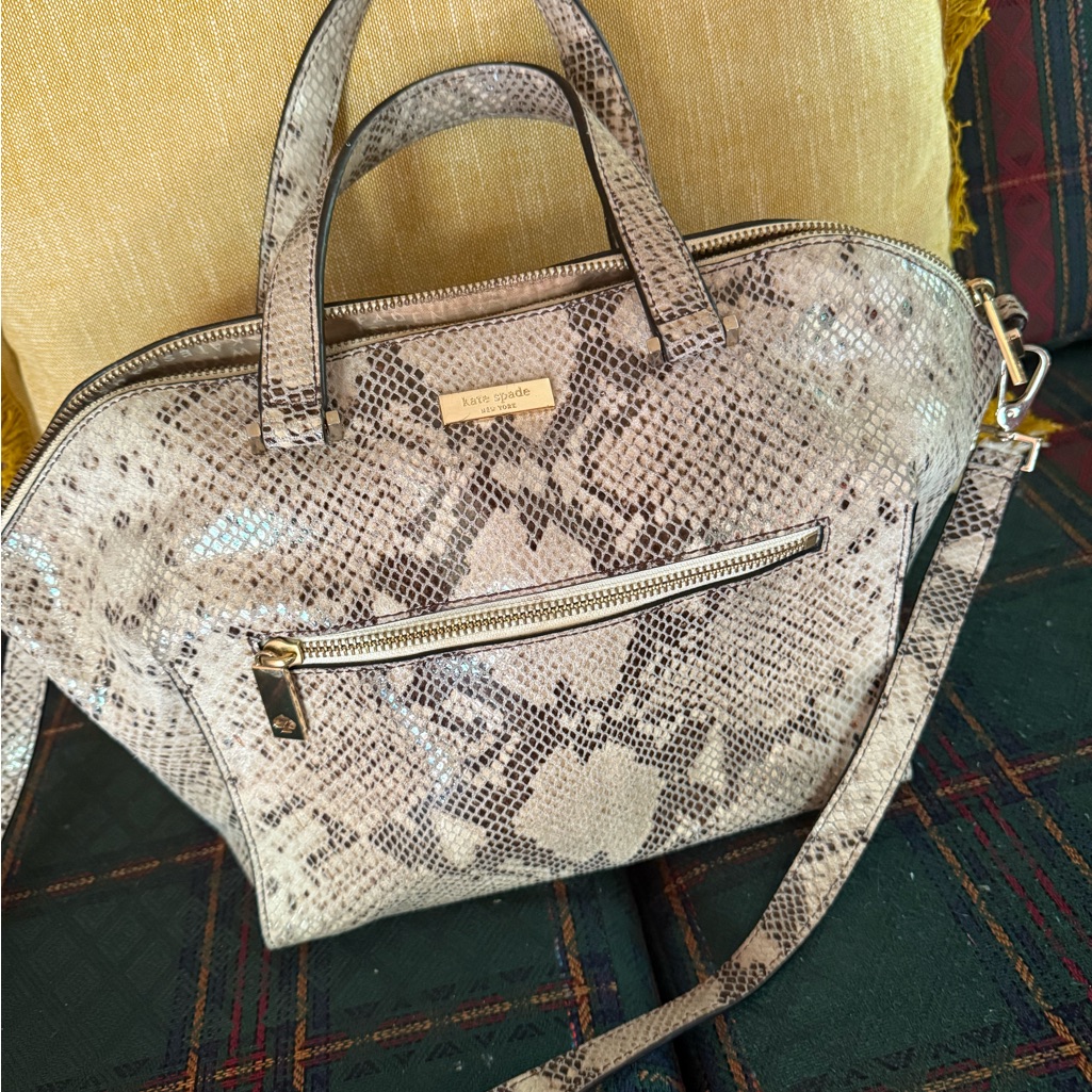 Kate Spade Beige Snake-Print Satchel With Gold Hardware